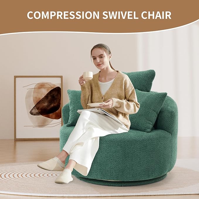 40” Greeen Round Swivel Chair with 3 Pillows &amp Thick Cushion Oversized 360° Swivel Accent Chair Modern Boucle Armchair for Nursery Living Room Bedroom Club