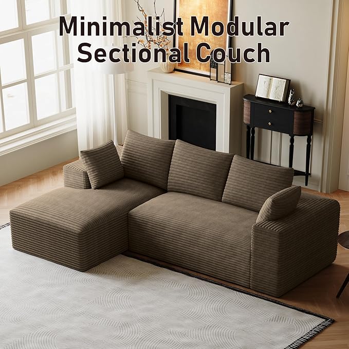 107 Boneless Couches for Living Room Comfy L Shaped Sectional Couches Modern Deep Seat Modular Sofa Cloud Fluffy Corduroy Couch with Left Facing Chaise No Assembly Needed Light Brown