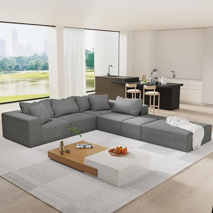 LUMISOL Modular Sectional Sofa Modern L-Shaped Sectional Sofa Couch with 6 Throw Pillows Free Combination Sofa for Living Room Grey