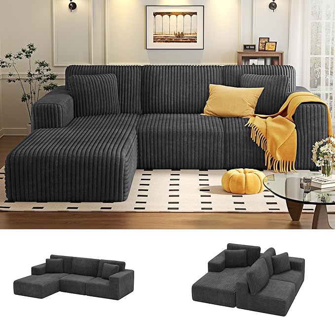 KINGYES 107'' Modular Sectional Sofa L Shaped Cloud Couch for Living Room Modern Plush Corduroy Boneless Sofa with Chaise for Bedroom Gray