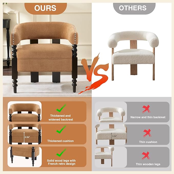 LOULENS Barrel Accent Chair for Living Room | Vintage Linen Upholstered Lounge Chair with Solid Wood Legs Armchair for Bedroom Reception Room &amp Reading Nook Brown
