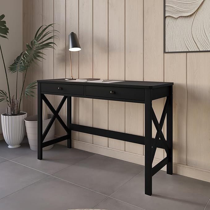 HOME DESIGN Beatrice Solid Wood Writing Desk 47.2 Inches Modern Home Office Desk with Spacious Tabletop &amp Built-in Storage Drawers Durable Design Easy Assembly Black