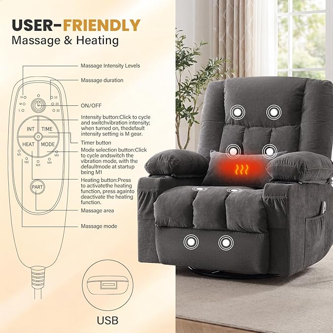 Swivel Recliner Chair for Adults with Vibration Massage and Lumbar Heat Ergonomic Rocking Chair for Living Room and Bedroom Featuring Side Pocket 2 Cup Holders &amp USB Charge Port