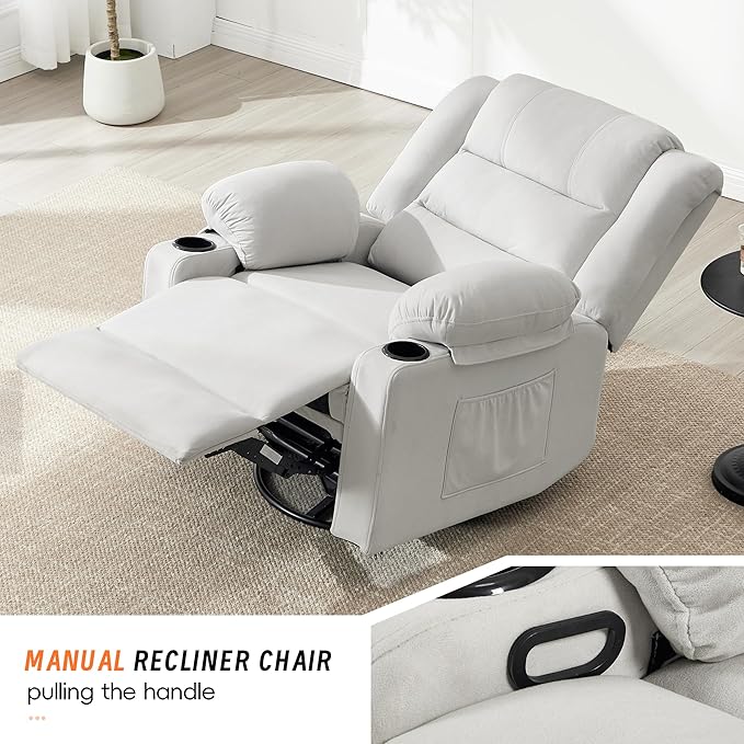 360°Swivel Rocker Recliner Chair for AdultsManual Glider Recliner Sofa with Massage and Heating Nursery Rocking Chairs with Cup Holds for Living Room Bedroom (Beige)
