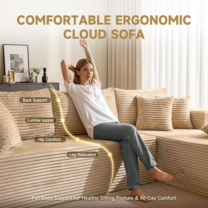 108 Modular Cloud Sofa High-Density Foam Sectional Couch Oversized Convertible L-Shaped Sofa Bed with Plush Fabric Deep Seats Wide Armrests Boneless Couches for Living Room Beige