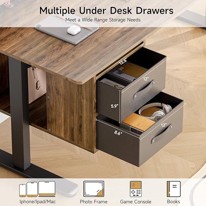 ONBRILL Standing Desk with Drawers 63x24 Inch Electric Stand Up Desk with 3 Drawers and Open Storage Shelf Adjustable Height 28-46 Inches for Home and Computer Workstation Walnut