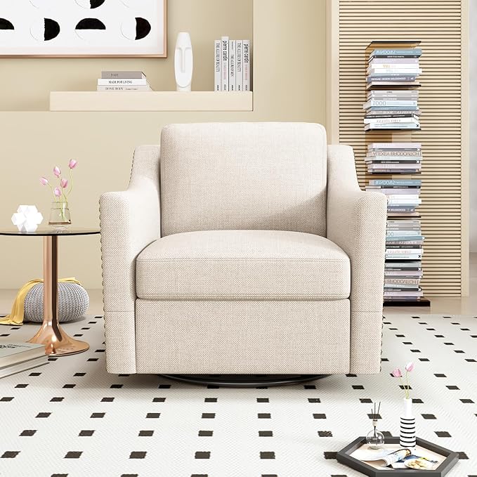 Swivel Accent Chair Modern Comfy Linen Upholstered Barrel Armchair with Nailhead Decor and Metal Base Soft Oversized Round Swivel Chair for Living Room Bedroom Club (1 Beige)