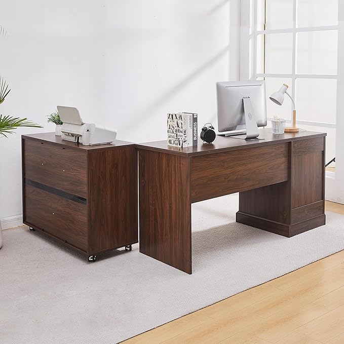 60 L-Shaped Executive Desk with 40 File CabinetFarmhouse Home Office Desk with Charging StationWood Computer Desk Set for Office WorkHome Study (Brown)