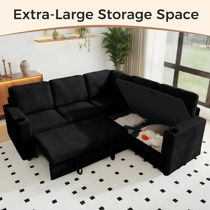 Sectional Sleeper Sofa with Pull Out Bed Plush Corduroy L Shaped Corner Couch with Storage USB Ports Cup Holders Comfy Sectional Couches for Living Room Black | Modular Couch for Apartment Tool