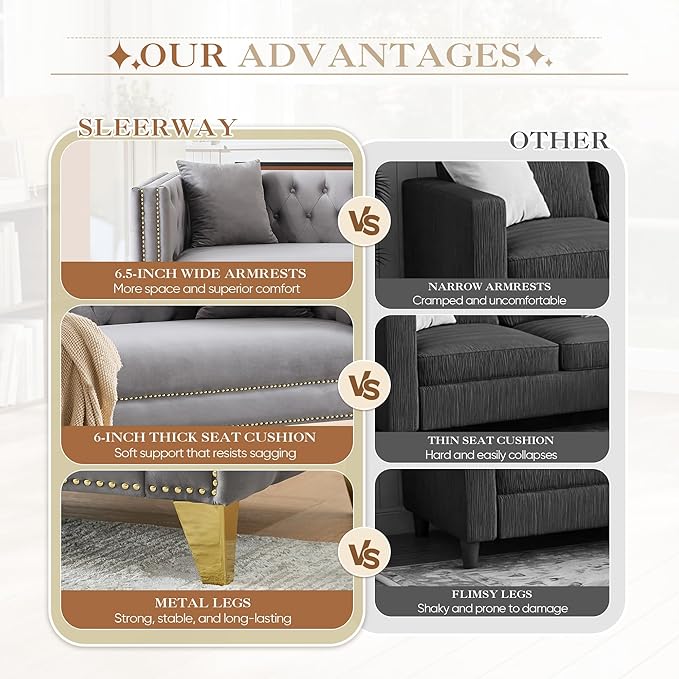 2 Piece Chesterfield Sofa Comfy Velvet Button Tufted Mid Century Modern Couch Set White Cloud Futon Loveseat Gold Legs &amp Nailhead Deep Seat Sofas for Living Room Office (Grey 3 Seater Set of 2