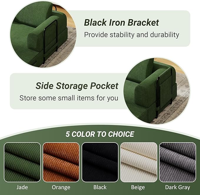 Convertible Sofa Bed 5-in-1 Pull-Out Futon Boneless Couch for Living Room &amp Guest Room Corduroy Sleeper Sofa with Steel Support Brackets 78.7 3-Seater with 2 Pillows (Jade)