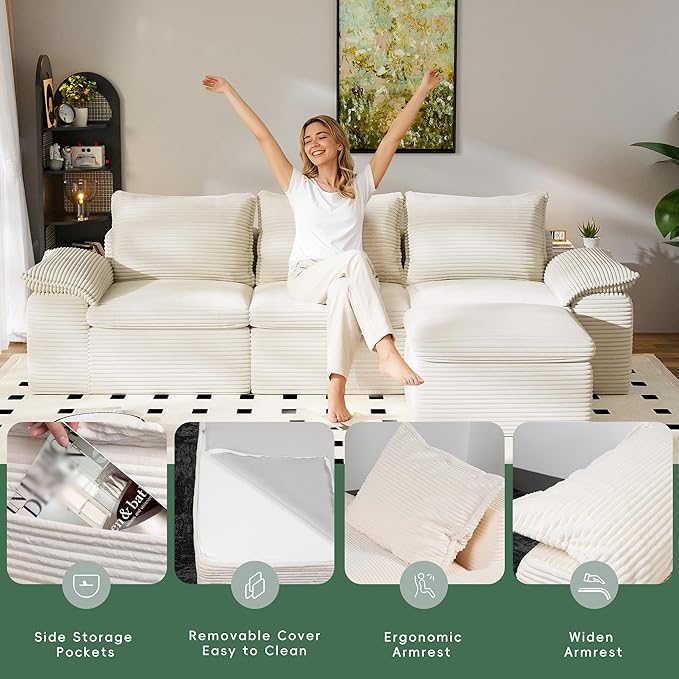 104 Cloud Sectional Couch Boneless Couches for Living Room L Shaped Couch with Ottoman Modular Sectional Sofa with Deep Seat Modern Boneless Sofa for Living Room No Assembly (Beige L-Shaped)