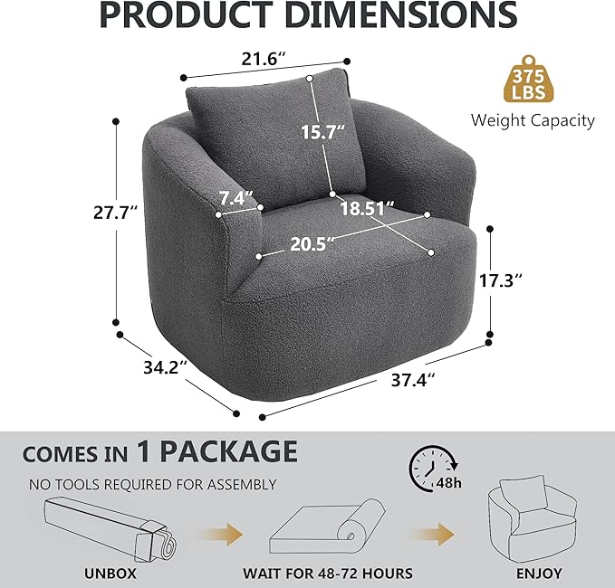 PELUMY Swivel Accent Chair Modern Round Barrel Chair Soft Teddy Fleece Fabric Swivel Chair for Living Room 360 Rotating Small Space Comfort Reading Chair No Tools Assembly (Dark Grey)