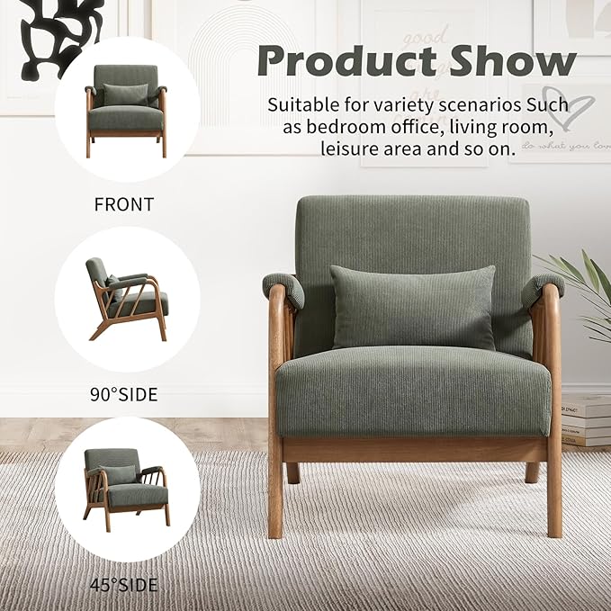 INZOY Accent Chairs Set of 2 Mid Century Modern Accent Chair with Wood Frame Upholstered Reading Armchair with Corduroy Fabric Accent Chair for Living Room Bedroom Apartment Easy Assembly Green