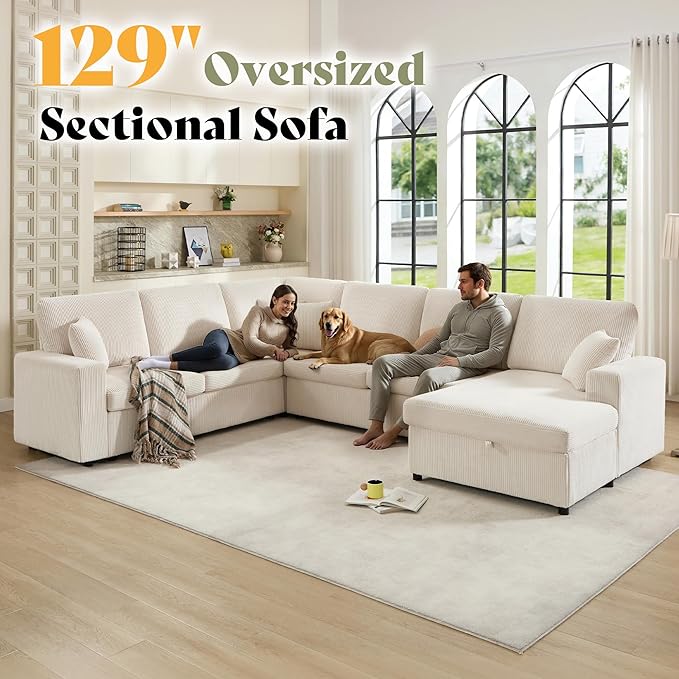 AMERLIFE 129 Inch Sectional Couches for Living RoomSectional Couch with Storage &amp OttomanModular Sectional Sofa Converts to SleeperCloud Couch Sectional for Large Space with CorduroyOff-White