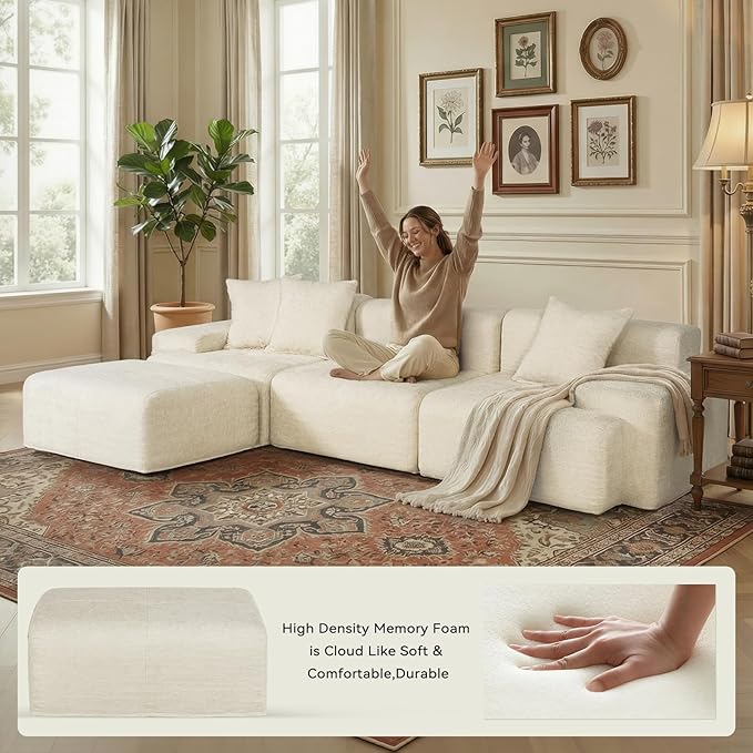117 Modular Sectional Sofa Couch Chenille Upholstered Boneless Couch Oversized L-Shaped Cloud Sectional Couch with Ottoman &amp Deep Seating No Assembly Beige