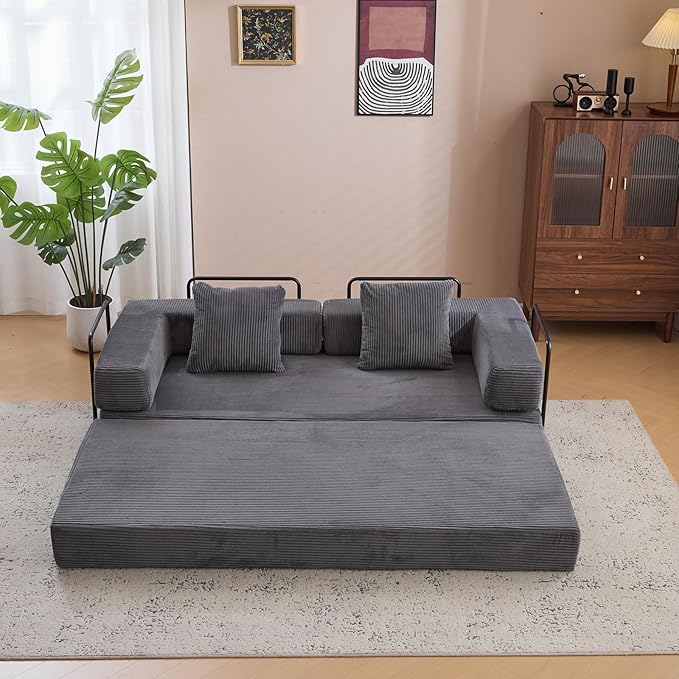 Folding Sofa Bed Convertible Sleeper Corduroy Floor Couch with Pillows Fold Out Couch King Size Bed Futon Couchs Foldable Memory Foam Mattress for Living Room Bedroom Playroom (Dark Grey)