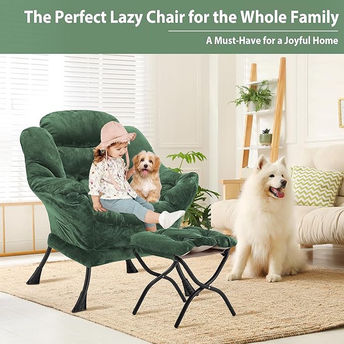 Lazy Chair with Folding Ottoman Accent Chair Plush Upholstered with Metal Structure and Non-Slip Pads Sofa Armchair with Footrest and Side Storage Bag for Dorm Room Office Green