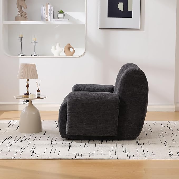 42 Mid-Century Modern Oversized Accent Armchair Comfy Upholstered Chenille Boneless Single Sofa Chair Wide Armchair Reading Chairs for Living Room Bedroom Office (Black)