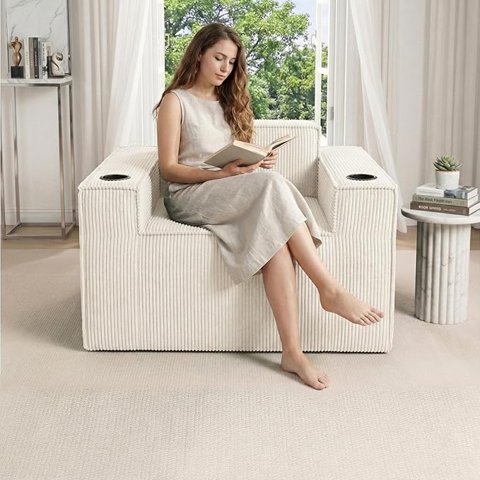 Cloud Single SofaChaise Lounge Chair with Cup Holder &amp Side PocketElevated Seat HeightNo Assembly RequiredBoneless Corduroy Chair for Small SpaceBedroomOffice (White Single Sofa)
