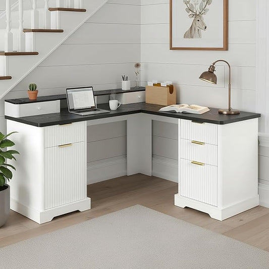59'' Fluted Executive L Shaped Desk with Storage Cabinet &amp Drawers Modern Computer Corner Desks with Power Outlet Pegboard Built-in Shelves for Home Office White
