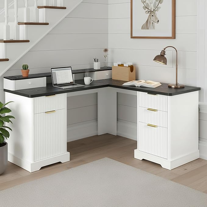 RiteSune L-Shaped Fluted Office Desk with USB Charging Station Removable Monitor Stand File Drawer &amp Adjustable Storage Cabinet Modern Corner Computer Desk
