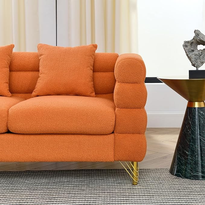 Loveseat Modern Sofa 81+60 Teddy Boucle Comfy Cloud Couch Upholstered Deep 5 Seater Sherpa Couch Set with Stylish Metal Legs for Living Room Home Office Bedroom Apartment Orange
