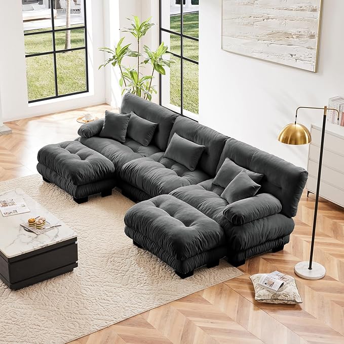 Grey Ottoman for Modular Sectional Sofa Single Sofa Ottoman Seat for Convertible Sectional Chenille Sofa Couch for Living Room Bedroom Apartment
