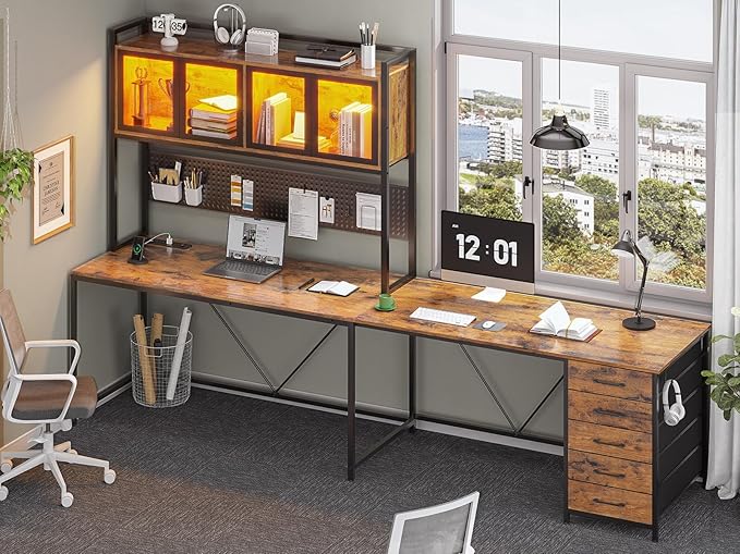 SEDETA L Shaped Gaming Desk with Drawers L Shaped Computer Desk with Hutch and Storage Shelves Gaming Desk with Pegboard Led Lights and Power Outlet Home Office Desk Corner Desk Rustic Brown