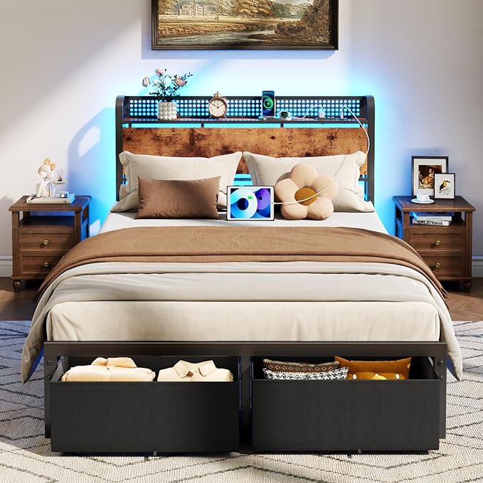 Furnulem Full Size Bed Frame with Headboard Storage Platform Bed Frame Full Size with 2 Drawers Charging Station and LED Lights No Box Spring Needed Noise Free Easy Assembly (1000 lbs Capacity)