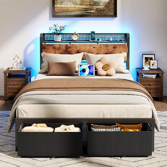 Furnulem Full Size Bed Frame with Headboard Storage Platform Bed Frame Full Size with 2 Drawers Charging Station and LED Lights No Box Spring Needed Noise Free Easy Assembly (1000 lbs Capacity)