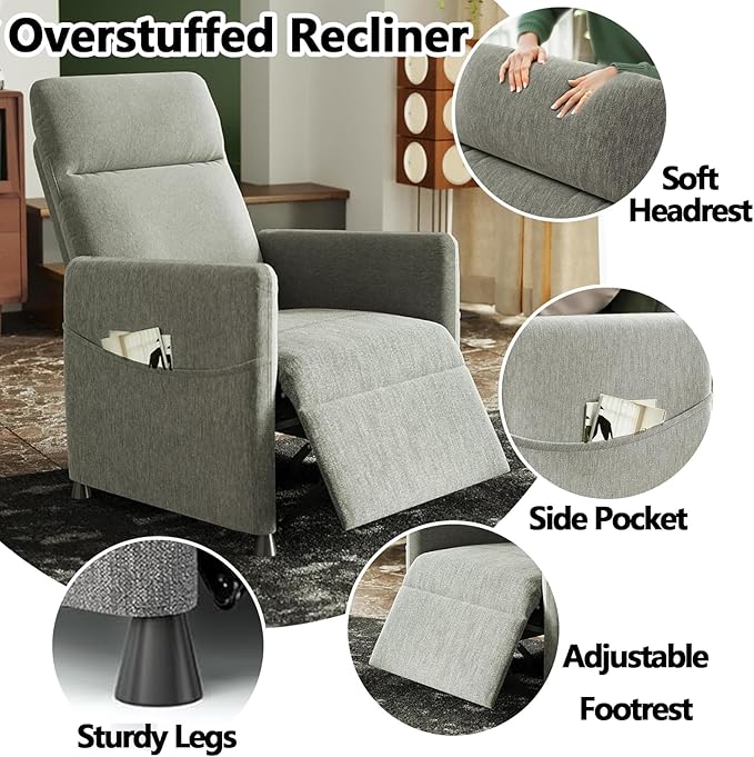 Black Power Recliner Chairs for Adults Lash Chair &amp Lay Flat Recliner for Small Spaces Living Room Bedroom Offices Theater Adjustable Footrest &amp Backrest/Side Pockets/USB (Light Grey)