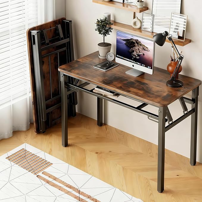BYMECOST 39 inches Folding Computer Desk No Assembly Long Foldable Office Table Portable Large Foldable Home Office Desk No Install Activity Table Conference Table (Brown 39.4)