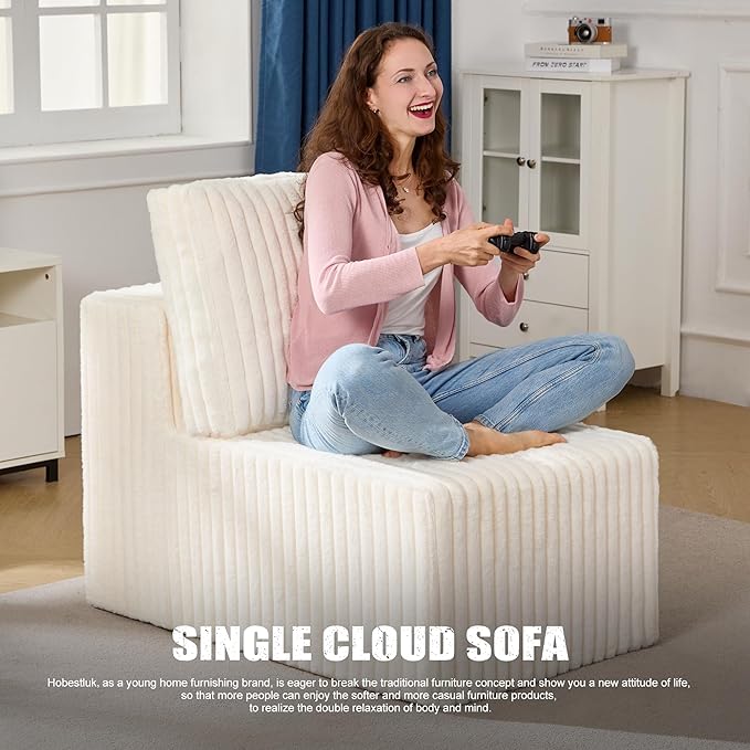 Single Sofa 1 Seat Couch with Deep Seat Memory Foam Cloud Chair with Pillows Large Sofa with L Shape for Living Room Bedroom (Strip White Single)