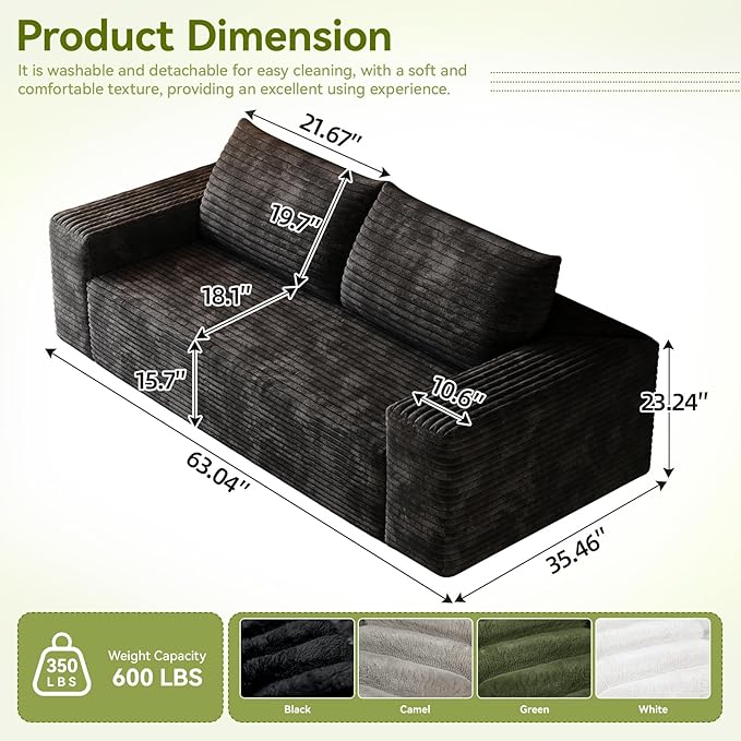 63 Boneless CouchNo Assembly RequiredLoveseat Velvet Couch Soft and Comfortable for Living Rooms Bedroom and Dormitories (Black 1)