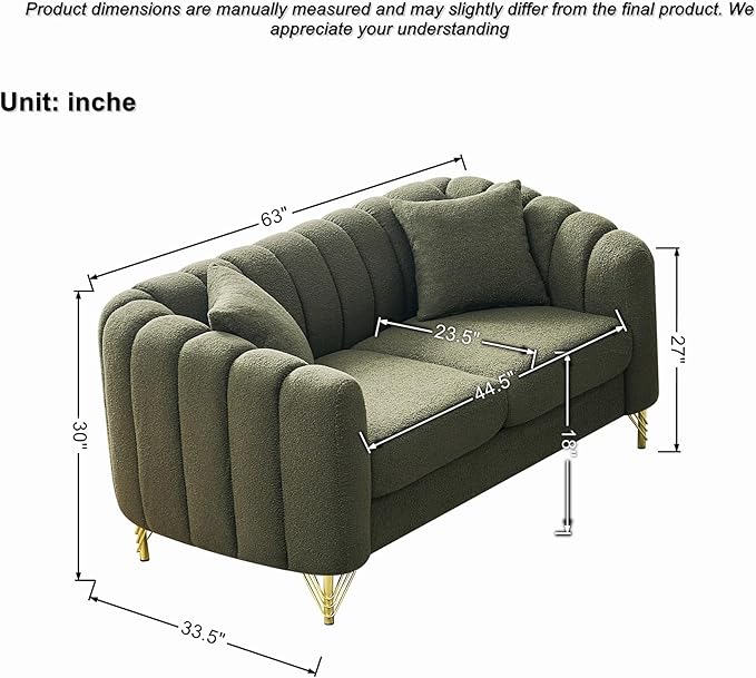 Green Cloud Sofa Set 2 Piece Living Room Furniture Modern Comfy Overstuffed Deep Seat Curved Sofas with Gold Legs &amp Pillows Foam Upholstered Teddy Loveseat with Round Arm (Green Couch and Lovese