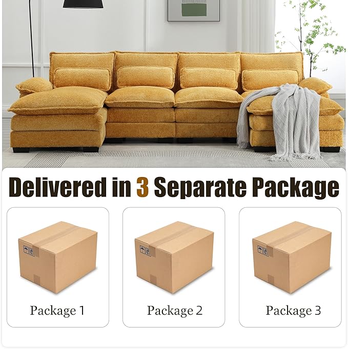 110'' U-Shaped Sectional Couch Modern Chenille Extra Large Modular Sofa with 4 Cushions Memory Foam Funiture Set with Double Lounger for Living Room Office Reception Room Yellow