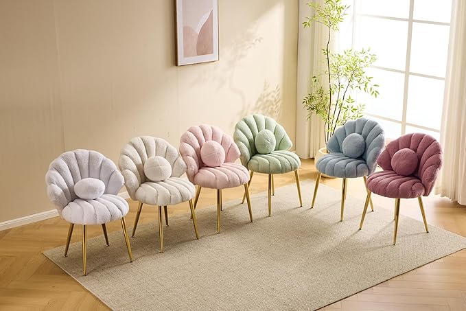 VINGLI Shell-Shaped Teddy Fleece Accent Vanity Chair with BackComfy Blue and Gold Desk Chair No WheelsCute Small Pearl Deco PillowGift for Girls/Womenfor MakeupOfficeDiningNailSewingBedroom