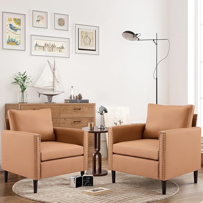Sepnine Modern Accent Chair Mid-Century Faux Leather Armchair for Living Room Comfy Upholstered Club Chair Sofa Chair with Decorative Rivet Accents for Bedroom Reading Room (Brown 1 Pack)