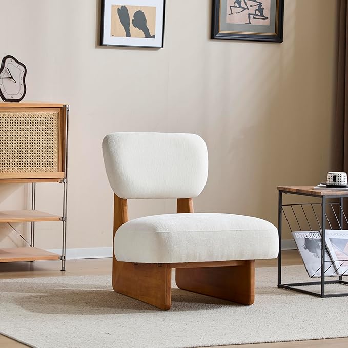 Christopher Knight Home Mores Low Profile Accent Chair Set of 2 Modern Living Room Armless Lounge Chair Fabric Comfy Reading Chair for Bedroom Wooden Frame and Thick Padded Seat Beige + Natural