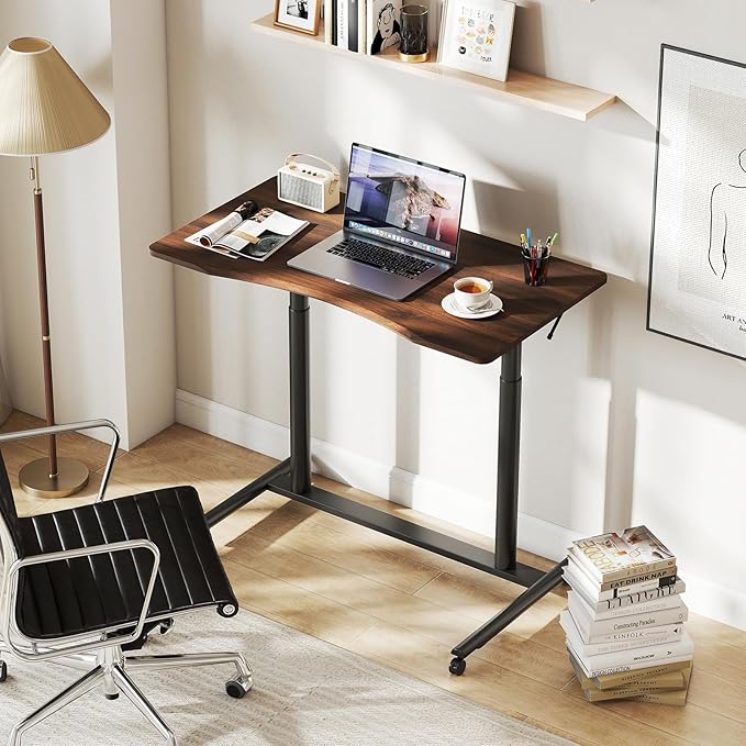 Giantex Mobile Standing Desk Height Adjustable Computer Desk with Wheels &amp Aluminum Frame C Shaped Sofa Side Table Portable Laptop PC Workstation Compact Rolling Desk for Small Space (Brown)