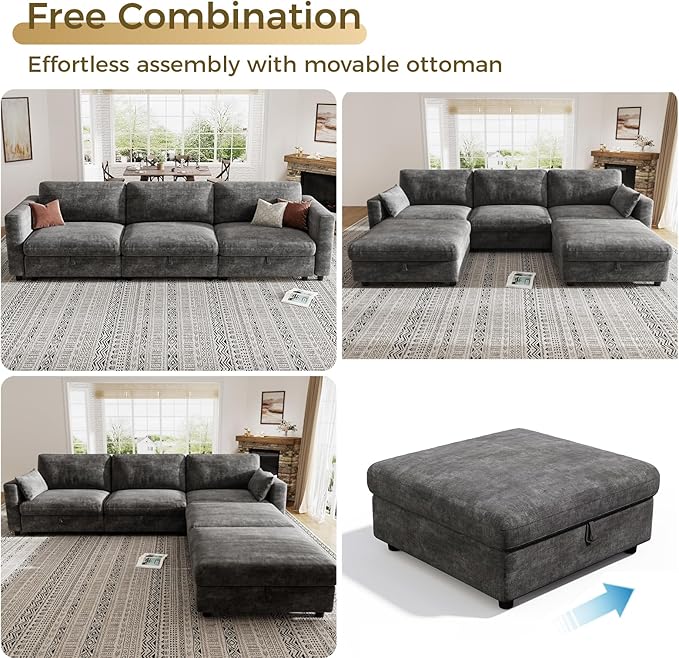 KKL Modular Sectional Couches for Living Room Chenille 5 Seater Sofa Couch with Adjustable Backrest Sofa Couch with Comfy Cushion Dark Grey