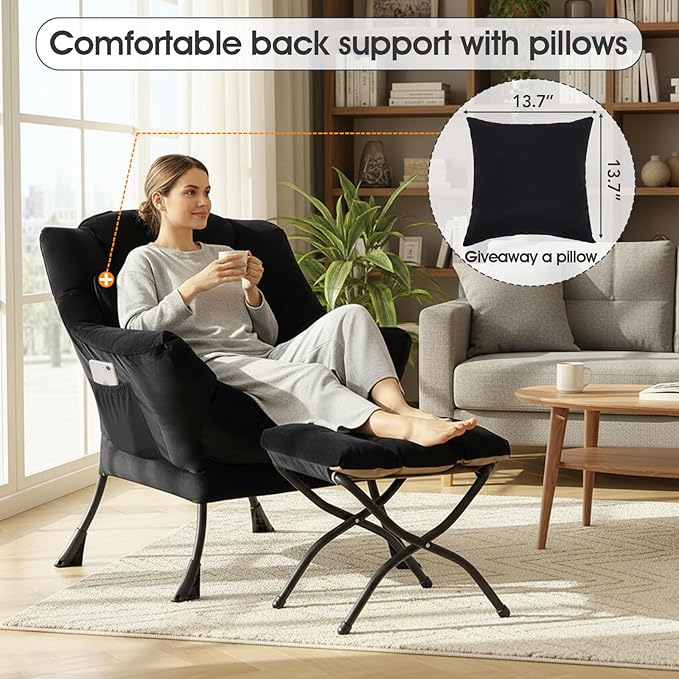 Lazy Chair with Ottoman Large Accent Chair with Ottoman and a Throw Pillow Black Reading Chair for Living Room Bedroom Dorm Room Office Apartment Relaxing Use