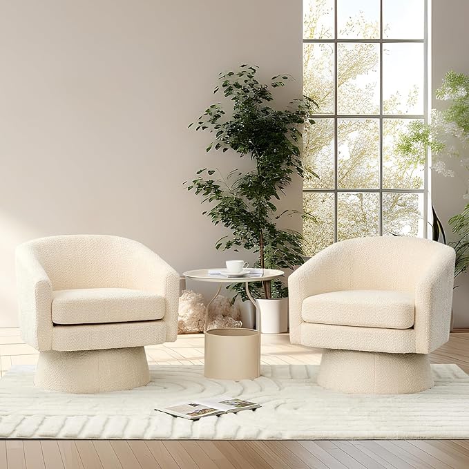 360° Swivel Accent Chair with Arms Modern Chenille Fabric Armchair with Curved Back &amp Soft Cushion Comfy Upholstered Chair for Living Room Bedroom Office Beige