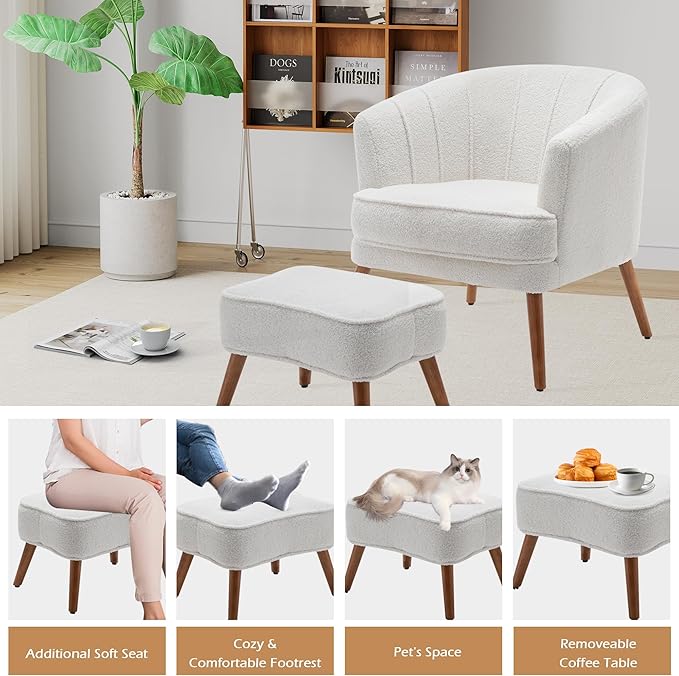 Accent Chairs with Ottoman for Living Room Bedroom Office Sherpa Upholstered Single Sofa Chair Arm Chair Comfy Chair Reading Club Coffee Chair with Metal Legs White