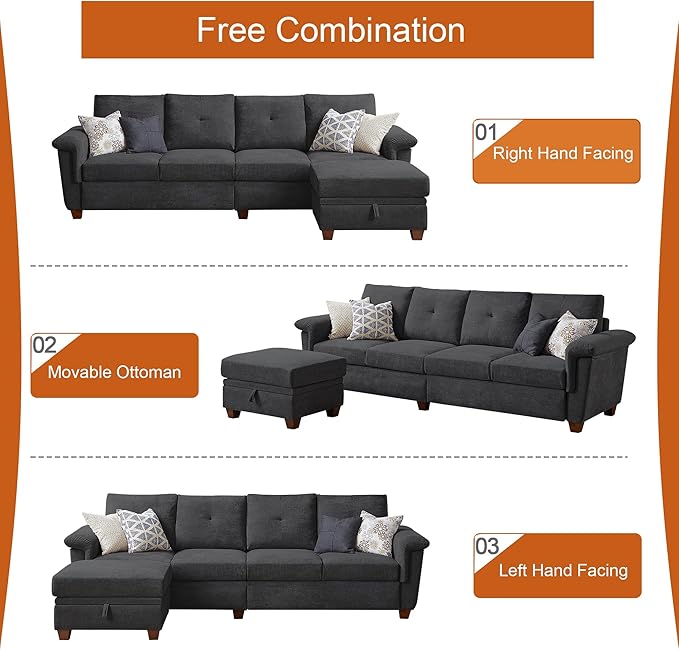 108 Sectional Sofa Convertible L Shaped Sofa with Ottoman and Large Storage 4 Seat Sectional Couch with Cup Holder Couches for Living Room Apartment Office (Dark Grey)