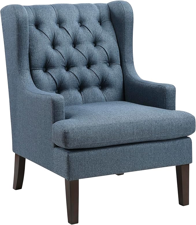 Lexicon Living Room Accent Chair Textured Fabric Upholstered Reading Chair Button-Tufted High Wingback for Living Room/Bedroom/Office Blue