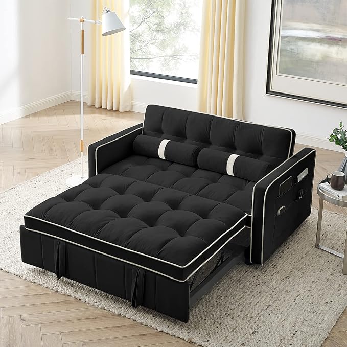 3 in 1 Sleeper Sofa Couch Bed Small Tufted Velvet Convertible Loveseat Futon Sofa w/Pullout Bed Adjustable Backrest Cylinder Pillows for Living Room Apartment Easy to Assemble Black 55.5