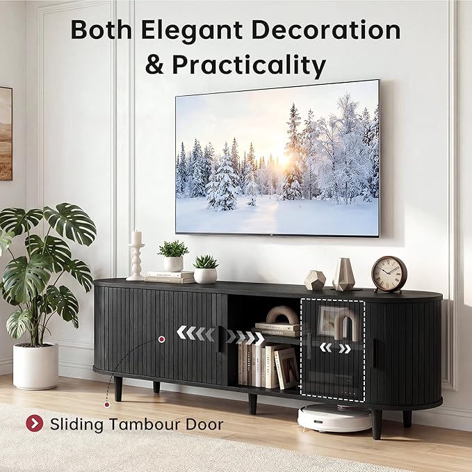 65 Mid Century Modern TV Stand Wood TV Consoles with Sliding Doors and Power Outlet Fluted Entertainment Center with Adjustable Shelves Media Console for Living Room Black