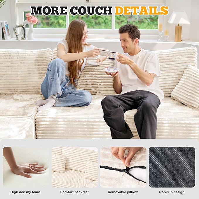 146 Modular Sectional Sofa Convertible U-Shaped Cloud Couches for Living Room with Ottoman 6 Seater Corduroy Boneless Couch Sofa Set No Assembly Required Beige 1 PCS